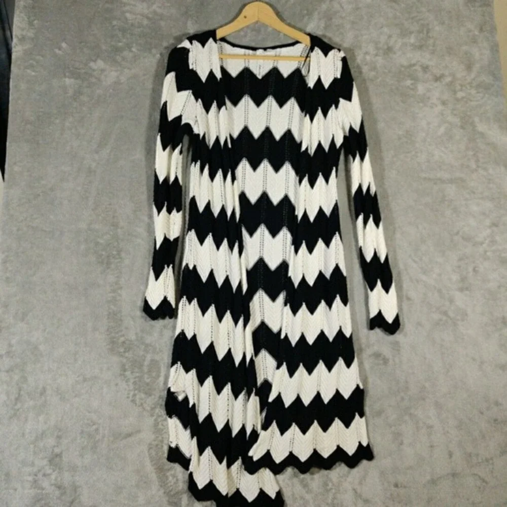 NY Collection Sweater Womens Small‎ Long Black/White Open Front Cardigan